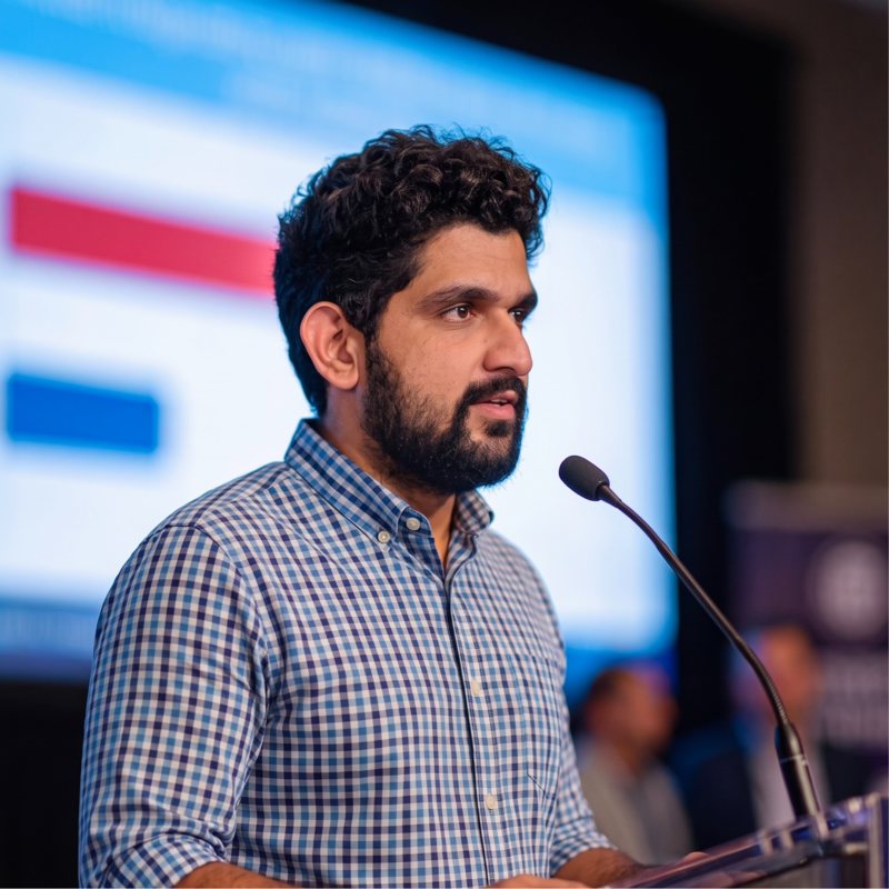 San Arora speaking at an industry event